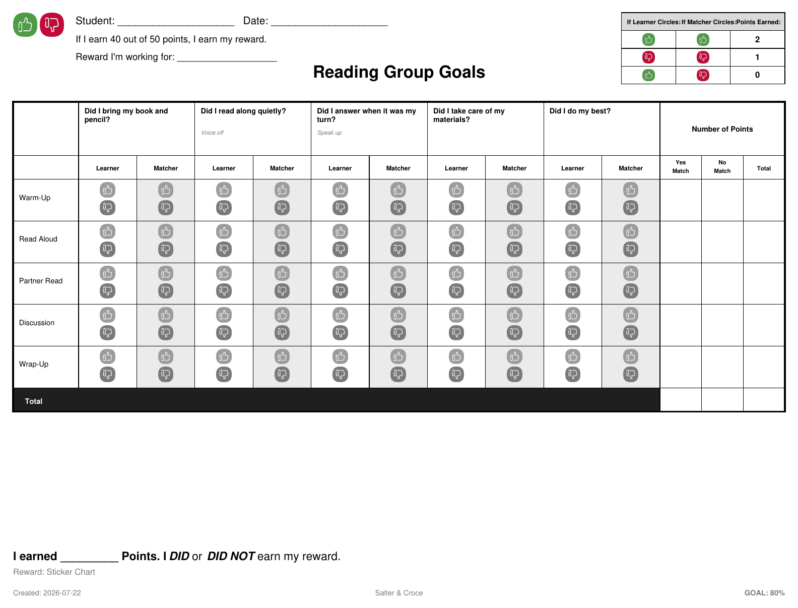 A landscape Self & Match reading-group form with thumbs up/down